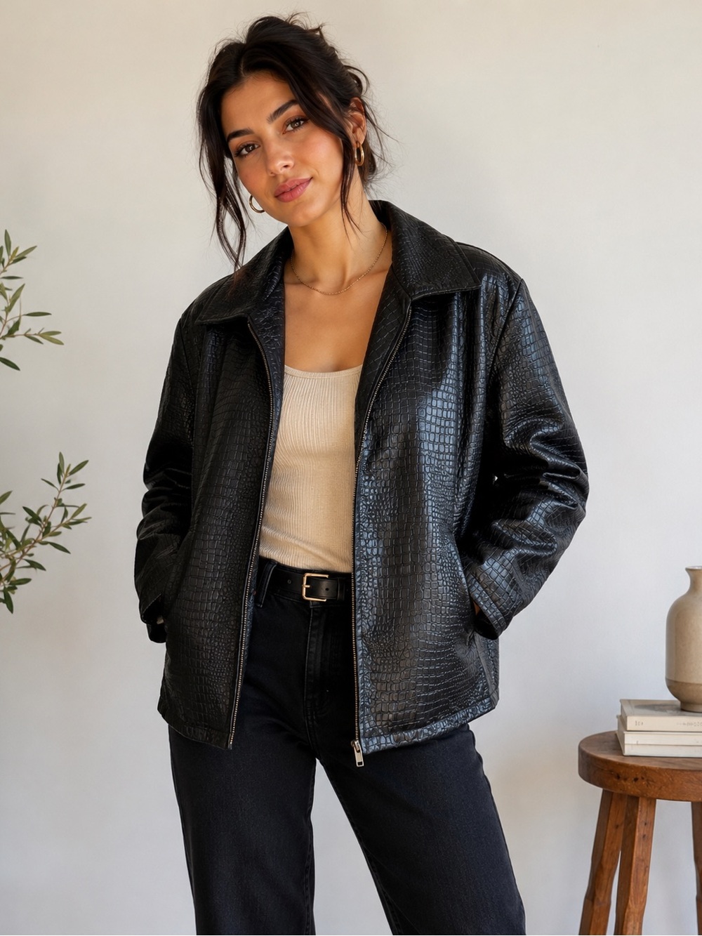 PR Basics Genuine 100% Leather Croc Embossed Black Jacket Size L Y2K